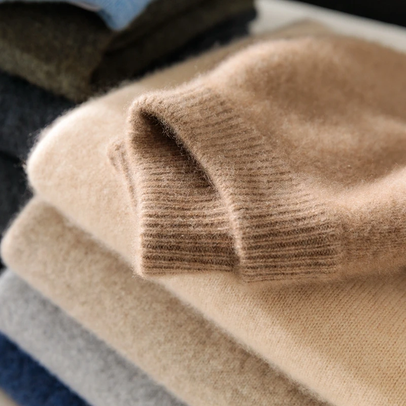 

High Quality Men 100% Merino Wool Sweater Autumn Winter Mock Neck Long Sleeve Pullover Smart Casual Thick Warm Wool Knitwear