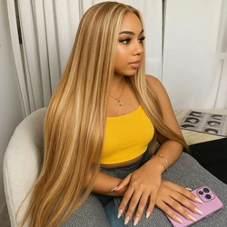 4/27 straight 13x4 Lace Frontal Highlight Wig Human Hair Brazilian 200 Density 30 Inch Ombre Blonde Colored Human Hair Wigs
