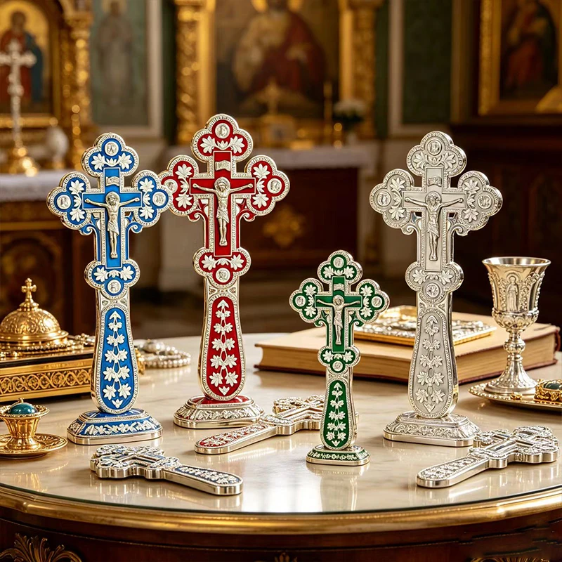Multicolor Enamel Orthodox Standing Cross with Jesus Crucifix for Church Altar Tabletop Decoration and Blessing Ceremony