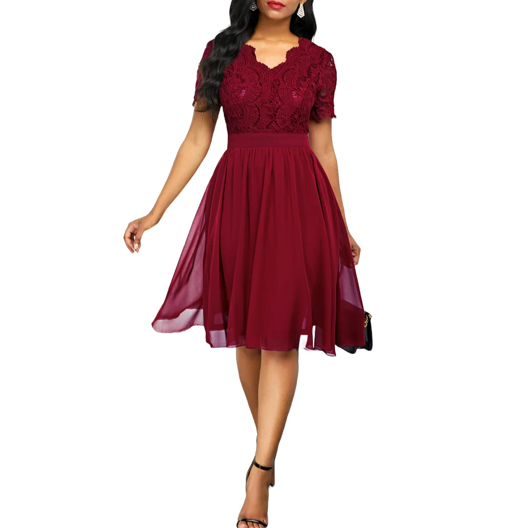 Customized Burgundy Short Sleeves Knee-Length Lace and Chiffon V-Neck Weddings Cocktail Dresses Parties and Formal Events Gowns