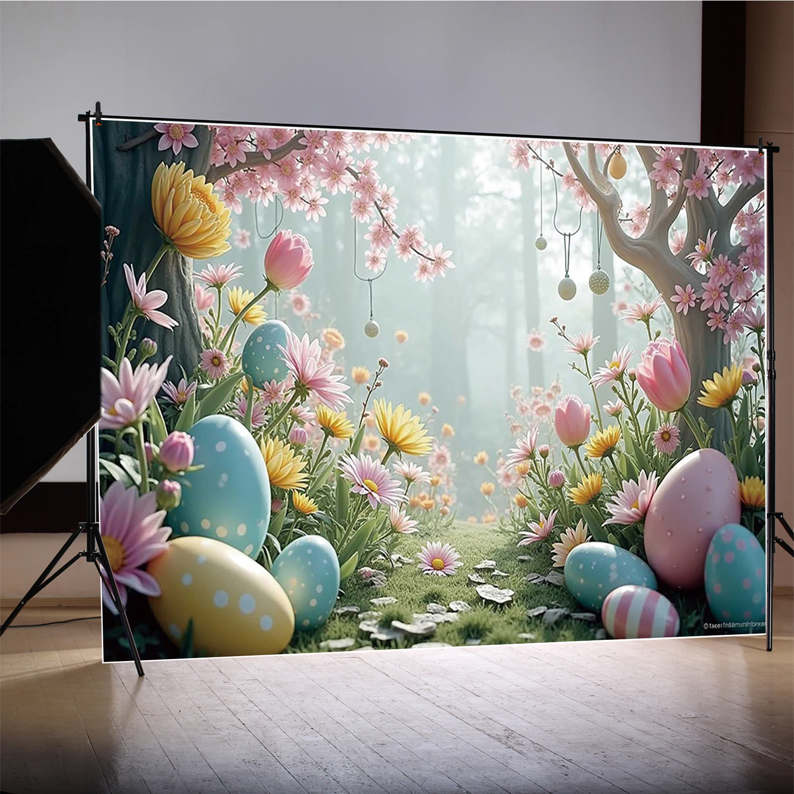 MOON.QG 2025 Easter Day Enchanted Garden Forest Decoration Photography Backdrop Rabbit Bunny Balloon Fence Egg Photo Background