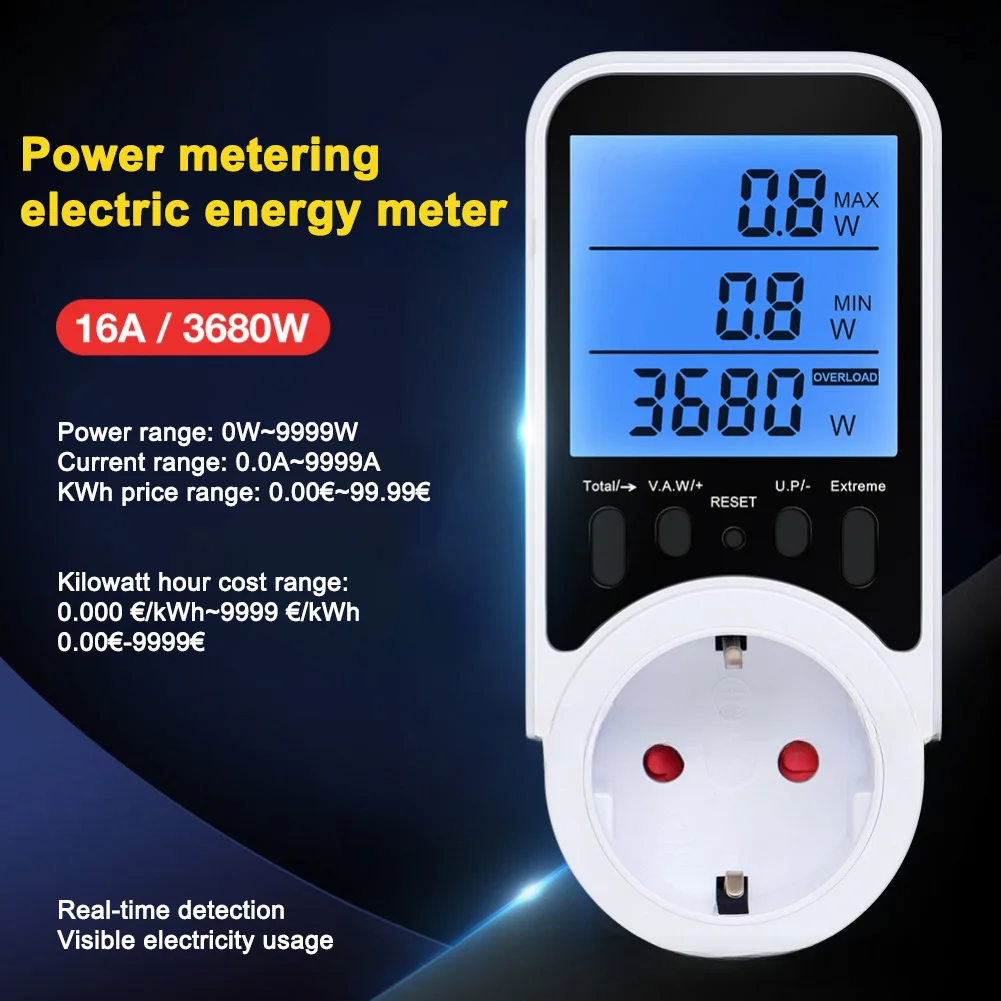 Energy Monitor Socket with Backlit LCD Display Current Voltage Timing Controller for Accurate Energy Usage Tracking