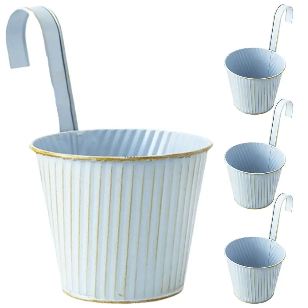 

4 Pcs Retro Tin Flower Pot Iron Wall Hanging Balcony Metal Bucket Vintage Blue Garden Planters Outdoor Yard Decor