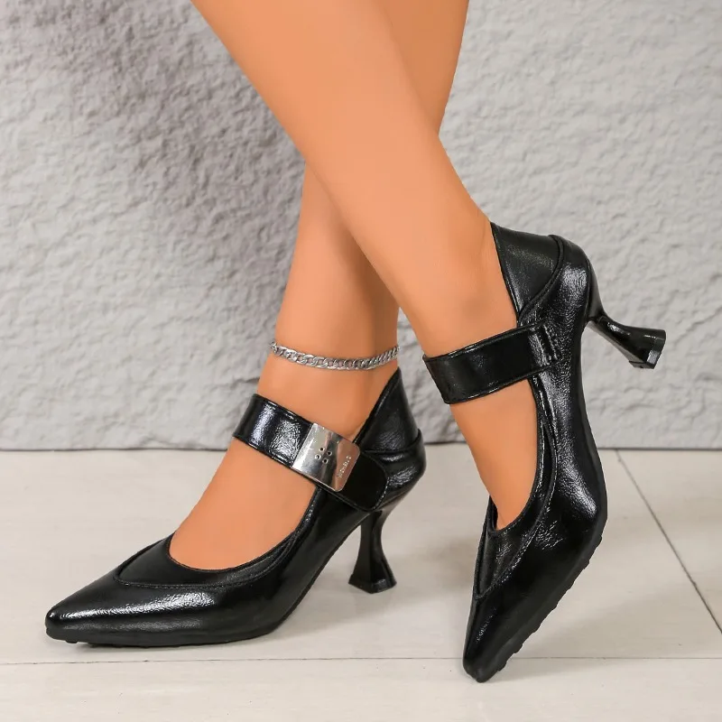 Metal Buckle One Strap Slim Heel Single Shoes Autumn New Pointed Toe Shallow Mouth Anti-slip Wear-resistant High Heels view 3