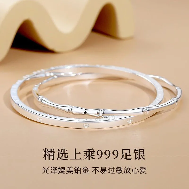 

999 pure silver double ring clover closed loop bracelet for women, bamboo silver bracelet, give girlfriend Valentine's Day gift