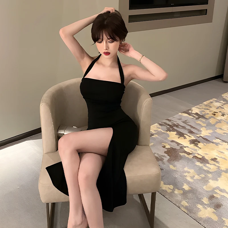 Robe Camisole élégante sans bretelles pour filles, couleur unie, Slim, fendue, sac de hanche, fente mi-longue, robes d'été