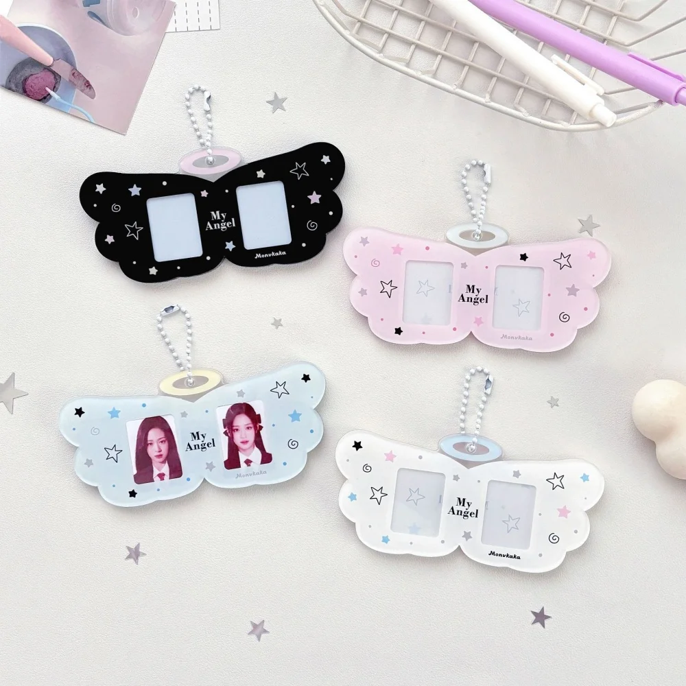 1 Inch Angel Wings Card Holder Keychain Couple Photo Card Decoration Pendant Pop Idol Photocard Holder Cover For Students