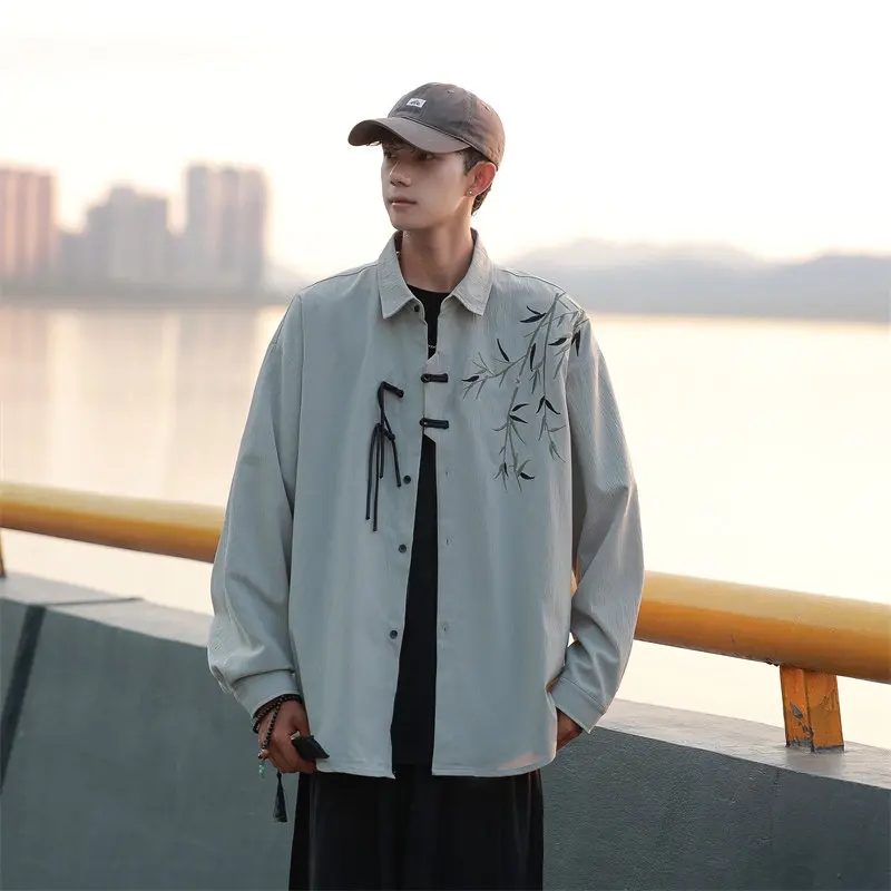 Men's New Chinese Style Shirt Long Sleeve Loose Fit Top with Bamboo Embroidery and Frog Buttons Streetwear Clothing