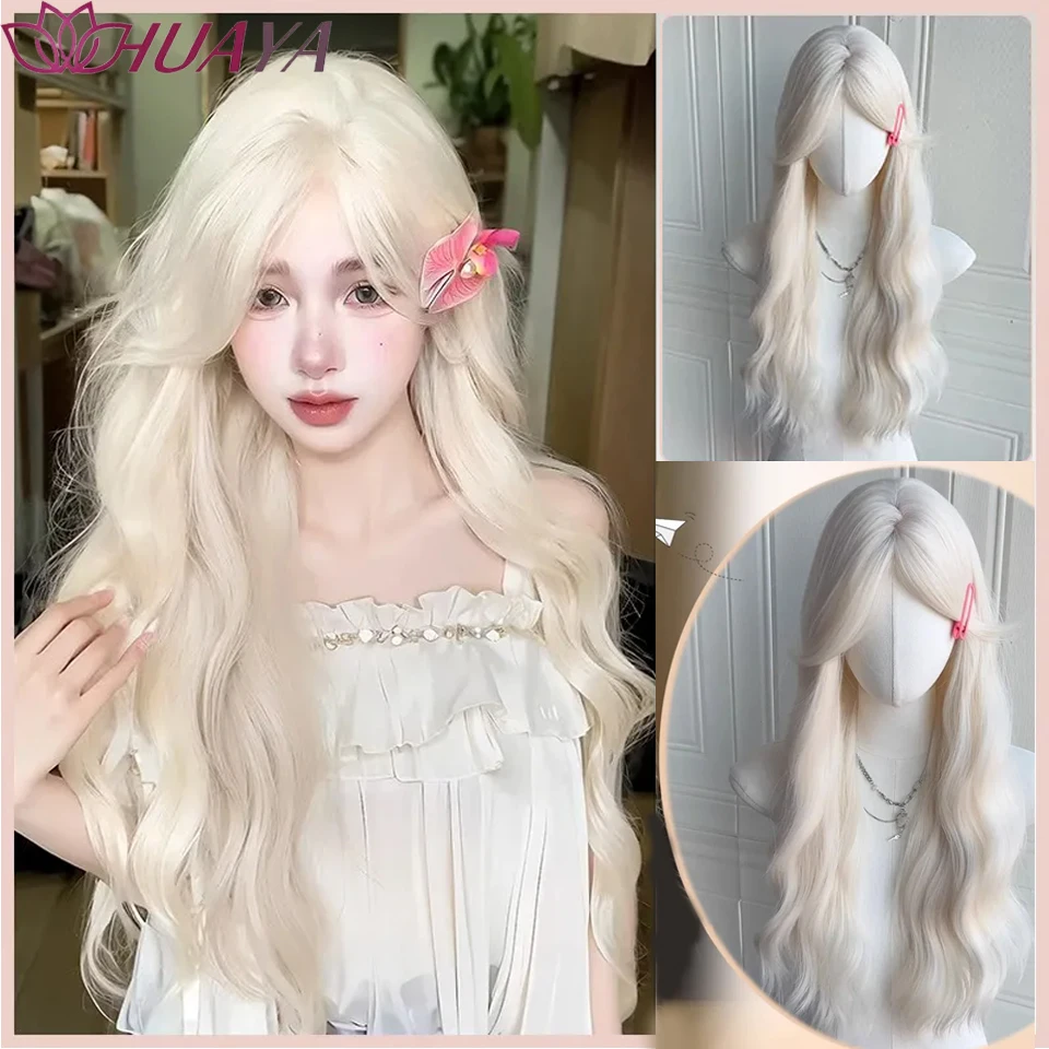 

Synthetic Wigs Long-Haired Women With White Gold Hair Full Head Eight-Character Bangs Big Waves And Long Curly Hair Lolita Cospl