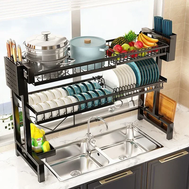 

Kitchen Multifunctional Storage Shelf Above The Sink Stretchable Bowl Rack Draining Dish Knife Spoon Sink Rack Set Organizer