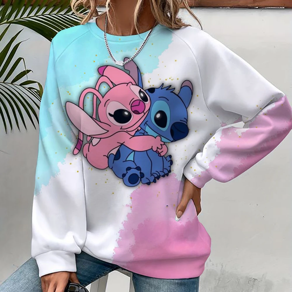 Felpa con cappuccio moda donna Disney Stitch stampa Moda Autunno Quotidiano Manica lunga Girocollo Pullover allentato Cartoon Boho Style Sweatsh