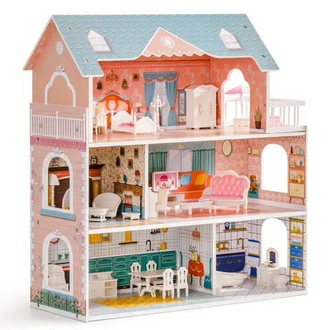 ROBUD Wooden Dollhouse 3 Story 6 Room with 31PCS Furniture Set, Kids Pretend Play Doll House Toy, Miniature House Gift for Girls Boys Age 3+