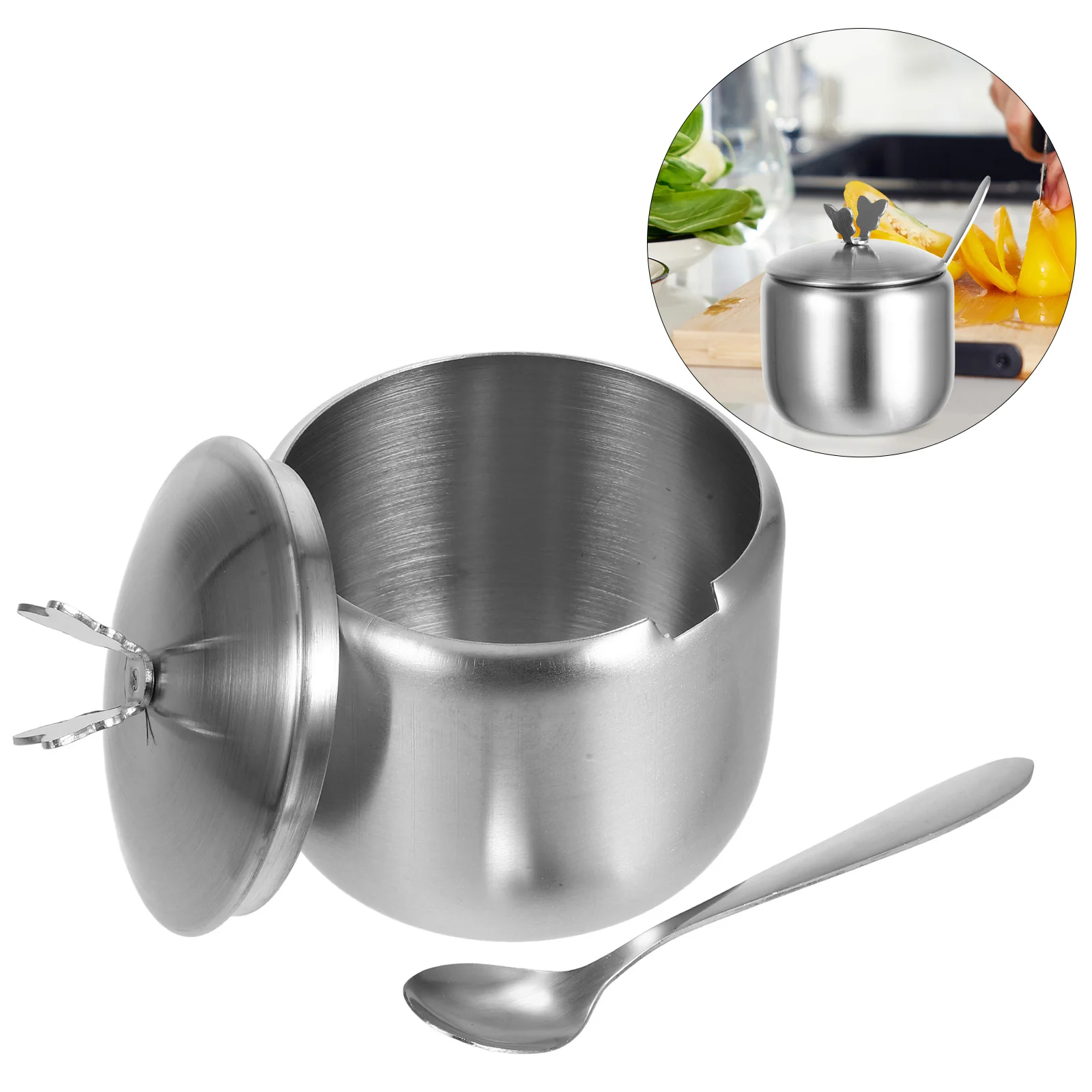 

1Set Sugar Container Stainless Steel Decorative Seasoning Jar with Lid Spoon Kitchen Condiment Bowl Sugar Dispenser Salt Spice