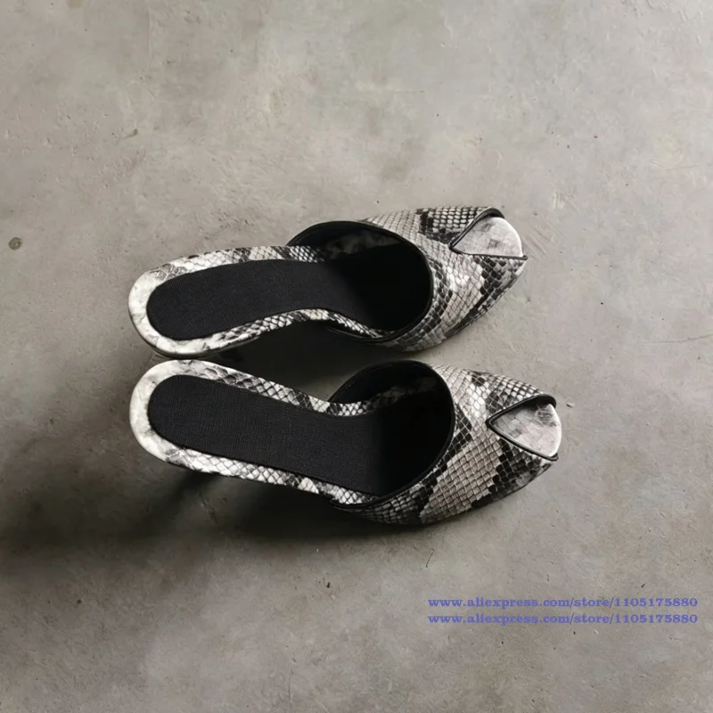 Mules de tacón alto con estampado de serpiente y punta abierta para mujer, elegantes sandalias de tacón de aguja, zapatos de vestir sin cordones, sandalias de mujer para verano