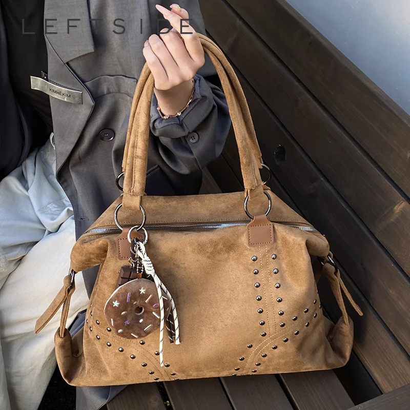 LEFTSIDE Retro Suede Rivet Decor Tote Bag 2026 Winter New Trend Large Capacity Women Vintage Casual Shoulder Bags Handbags