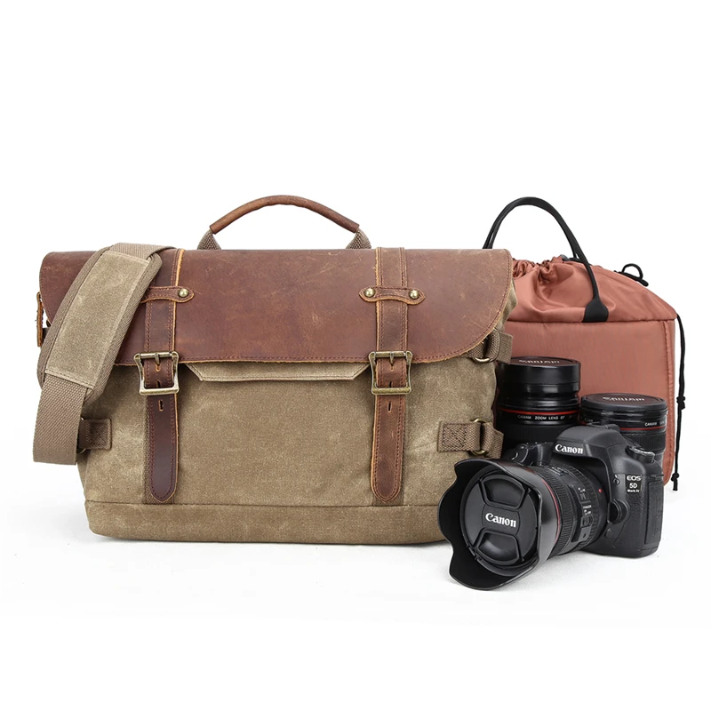 

Waxed Canvas Genuine Leather Camera Bag Retro Waterproof Shoulder Messenger DSLR Bag for Canon Nikon Sony