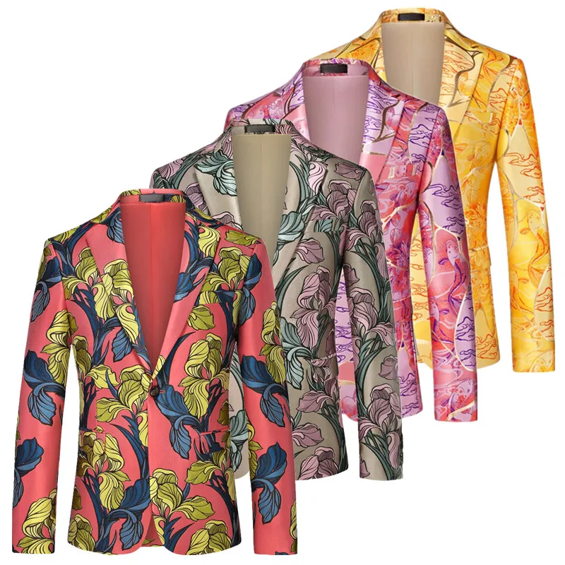 

New Men's Wedding Dance Party Jacquard Suit One Button Slim Fit Jacket Fashion Singer Stage Performance Luxurious Blazers