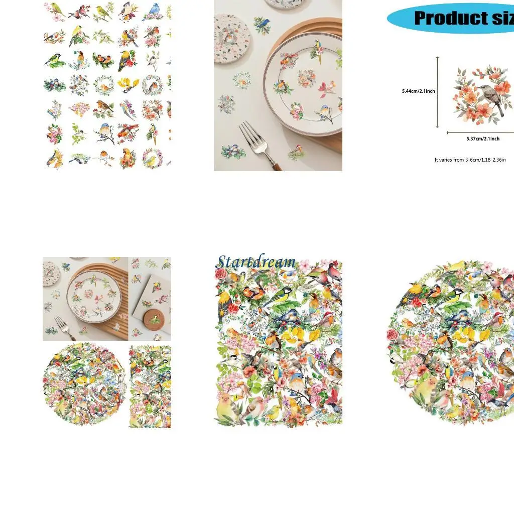 50 Sheets Luggage Sticker Watercolor Bird Sticker for Laptop Skateboard K92C