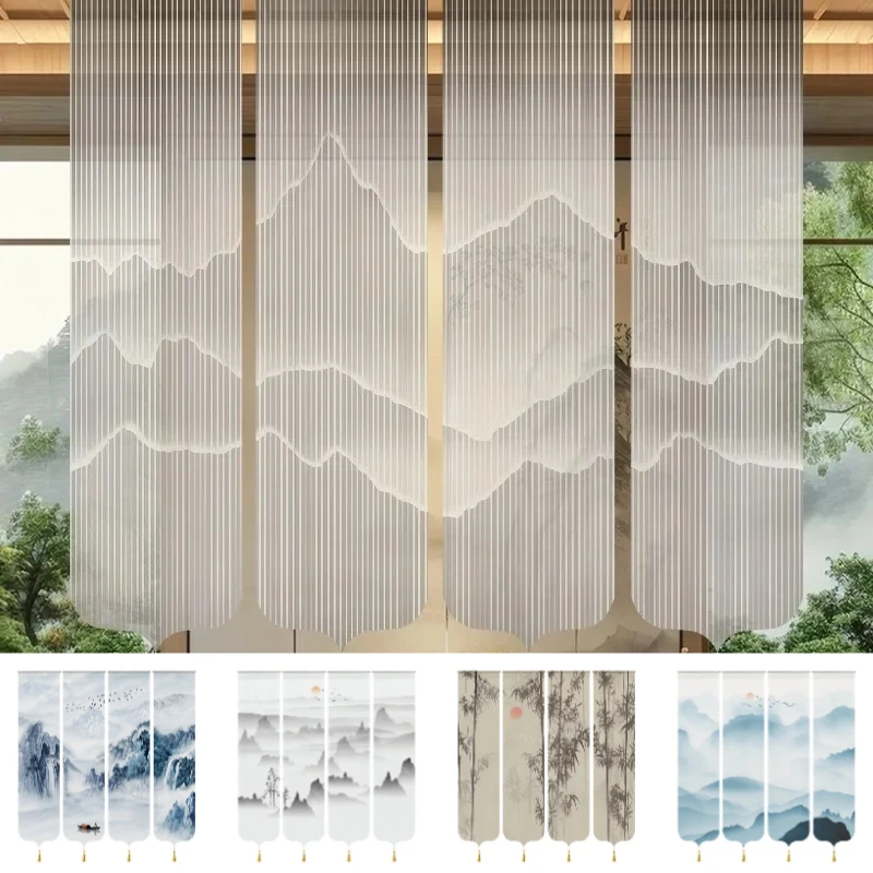 4pcs Vintage Ink Landscape Painting Hanging Cloth Wall Background Cloth Home Decoration Semi Transparent Gauze Curtain Partition