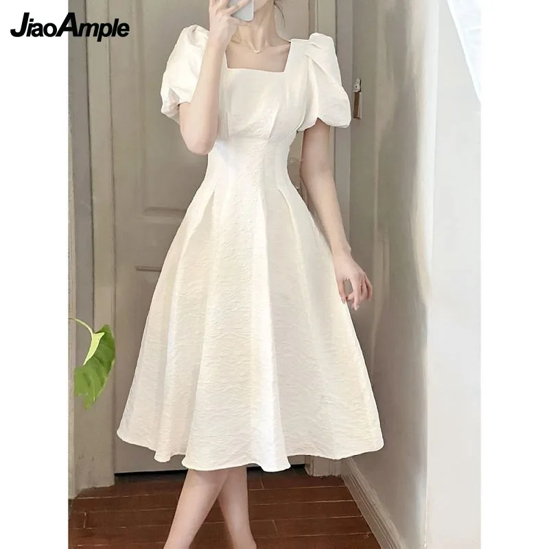 

Women's French Style Graceful Summer White Dress 2023 Lady Vintage Square Collar Evening Party Black Gown Simple Joker Dresses