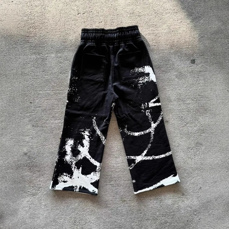 Pantalones de chándal americanos con patrones estampados, pantalones casuales de estilo callejero de anime oscuro, ropa de calle holgada con cordón y cintura elástica