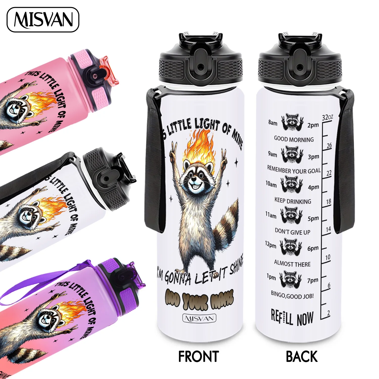 

a1PC,Customization Name 32oz Water Bottle,Flame Raccoon Motivational Print,Encourage Daily Hydration,for Gym Outdoor Cycling