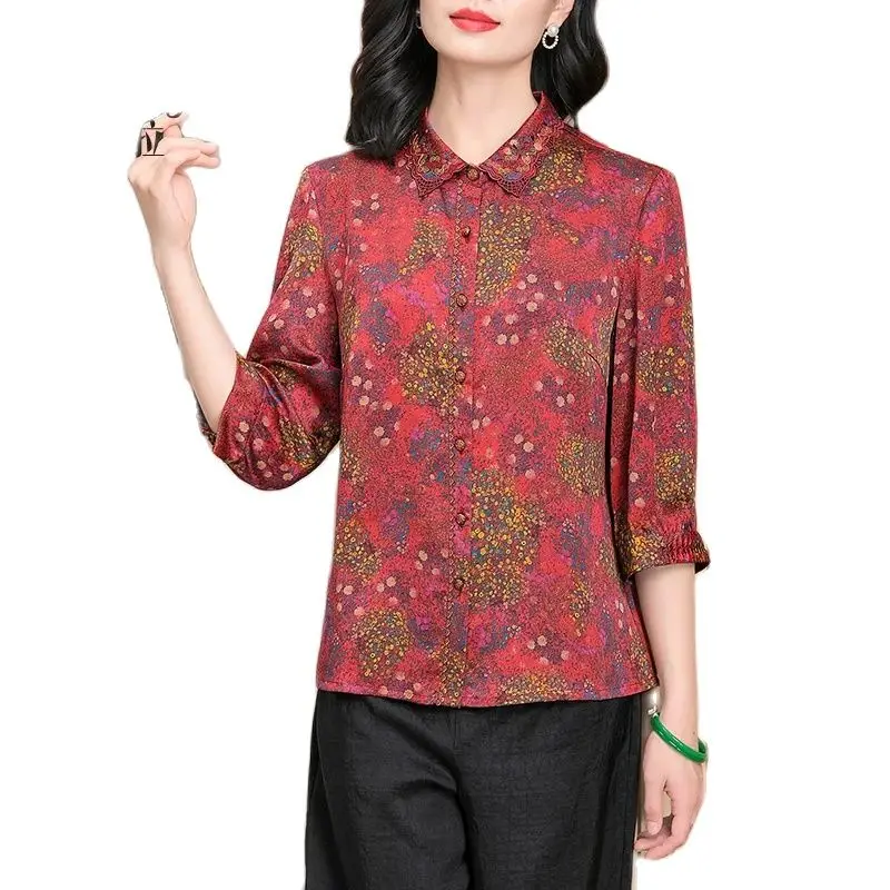 BirdTree-camisas de seda 100% auténtica para mujer, blusa holgada de gran tamaño con manga 3/4 Floral, Estilo Vintage para mamá, T448129QM, 2024