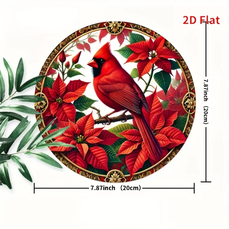 2D Flat Printing, 1pc, Red Sparrow Pattern Design, Flat Printed Metal Sign, Round Iron Wall Art, Non-Electrical, 8 × 8 Inches Wa