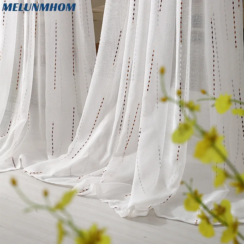 Vertical Stripe Window Screen White Curtains for Bedroom Linen Tulle Sheer Curtains for Living Room Door Drape Yarn for Kitchen