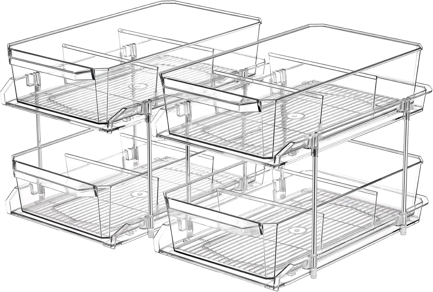 

2 Set, 2 Tier Clear Organizer with Dividers for Cabinet, Shlef, Counter - MultiUse Slide-Out Storage Container - Kitchen, Pan