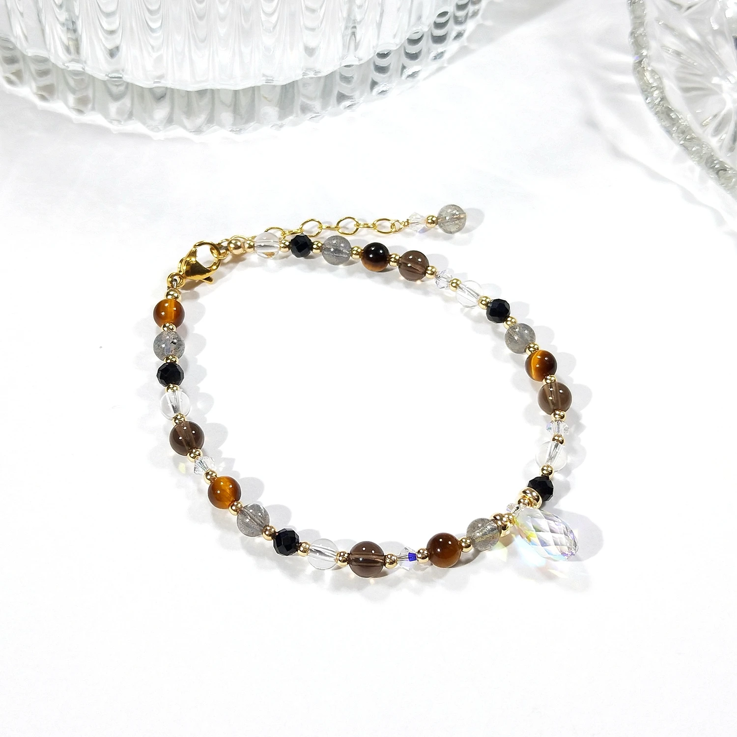 Lii Ji Mix Tiger Eye Labradorite Tourmaline Smoky Quartz Clear Quartz 4mm American 14K Gold Filled Handmade Bracelet