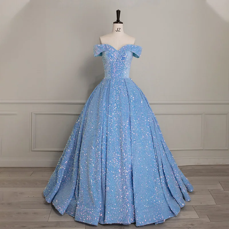 

Evening Dress Short Sleeves Sequins Ball Gown Boat Neck Simple Lace Up Floor-Length Sky Blue Party Formal Dresses Woman B2765