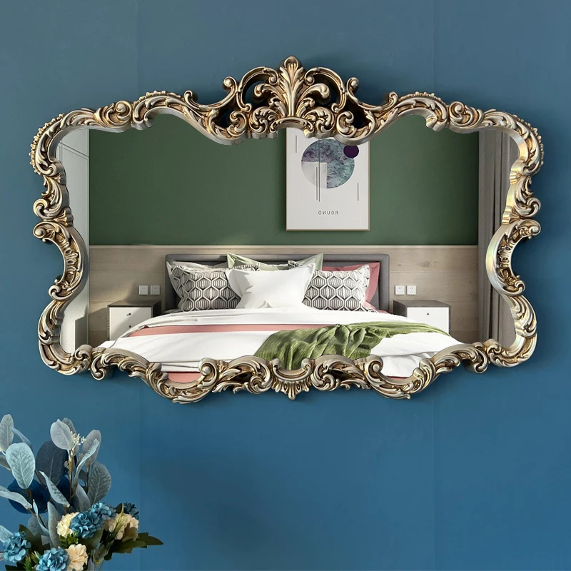 European Vintage Style Bathroom Wall Mirror with Carved Frame Luxury Vanity Mirror for Washroom Dressing Table Decor