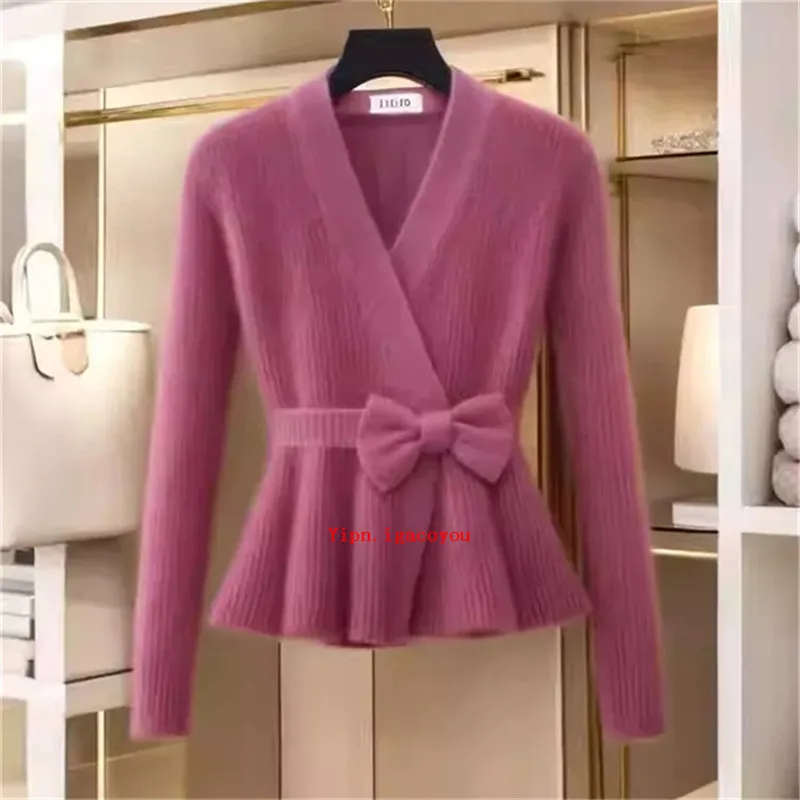 Autumn Winter New Knitted Sweater Pullover Women Fashion Temperament Bow Office V-Neck Long Sleeve Slim Jumper Female Tops B740