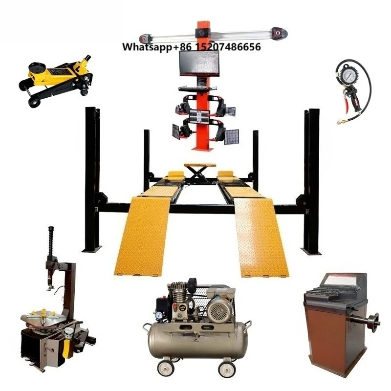 Four Post Double Cylinder Hydraulic Lift Car Service Repair Workshop Equipment Combo 3D Four Wheel Alignment Machine