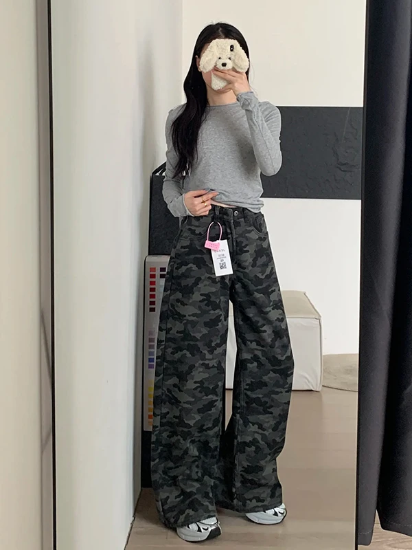 

Американские ретро-джинсы в стиле рабочей одежды, камуфляжные, женские, с низкой посадкой, свободные, прямые, широкие, расклешенные брюки, осенняя новинка