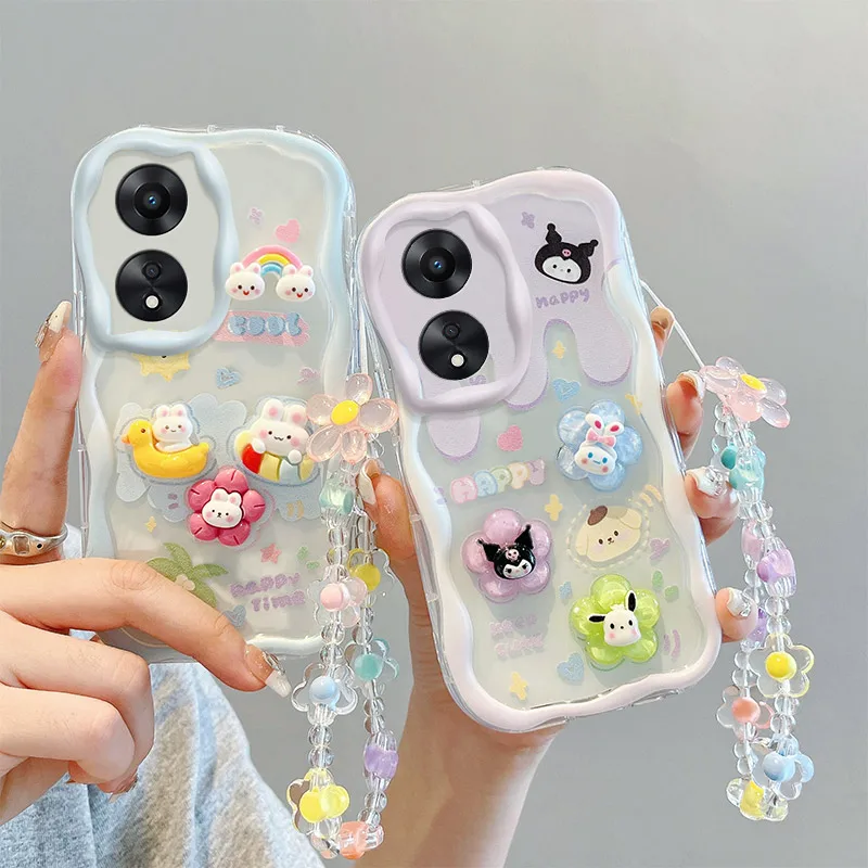 Kuromi Bear Rabbit Phone Case For Oppo A5 2020 A52 A53S A54S A55 A56 A57E A57S A58X A5S A72 A74 A76 A77S Wrist Strap Curly Cover