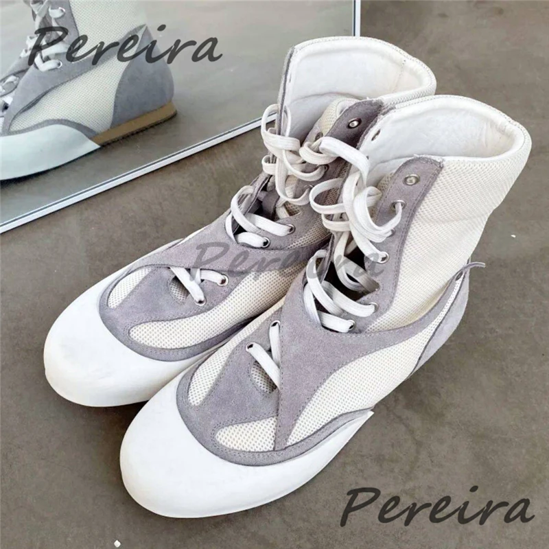 Summer New Mesh Mixed Colors High Top Shoes for Men Retro Round Toe Lace Up Flat Casual Shoes Outdoor Daily Trendy Men's Shoes