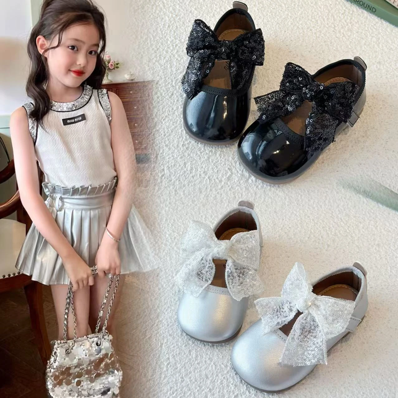 

Girls Flat Shoes Black Kids Dance Performance Shoes Mesh Lace Bow 2025 New Girls Princess Shoes Round Toes Elegant Ins Trendy