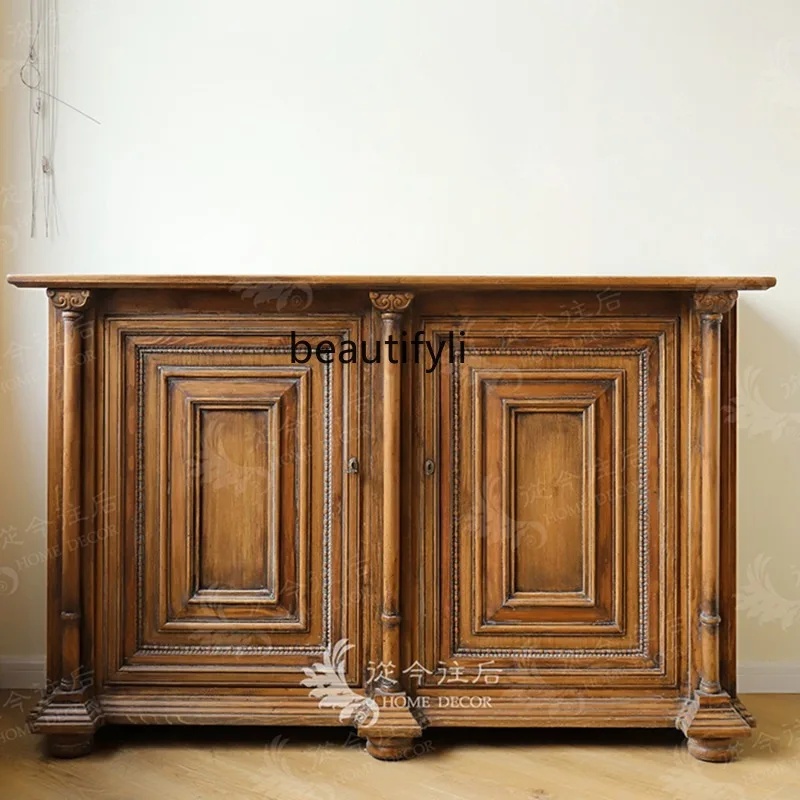 Neoclassical Brown Solid Wood Carved Double Door Side Cabinet