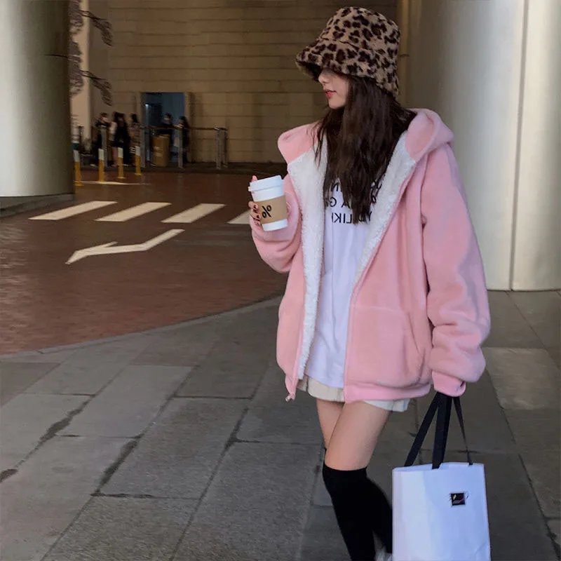 Pink Plus Velvet Hooded Sweatshirts Women Autumn Winter Zipper Thicken Warm Hoodies Woman Korean Student Lamb Wool Coat