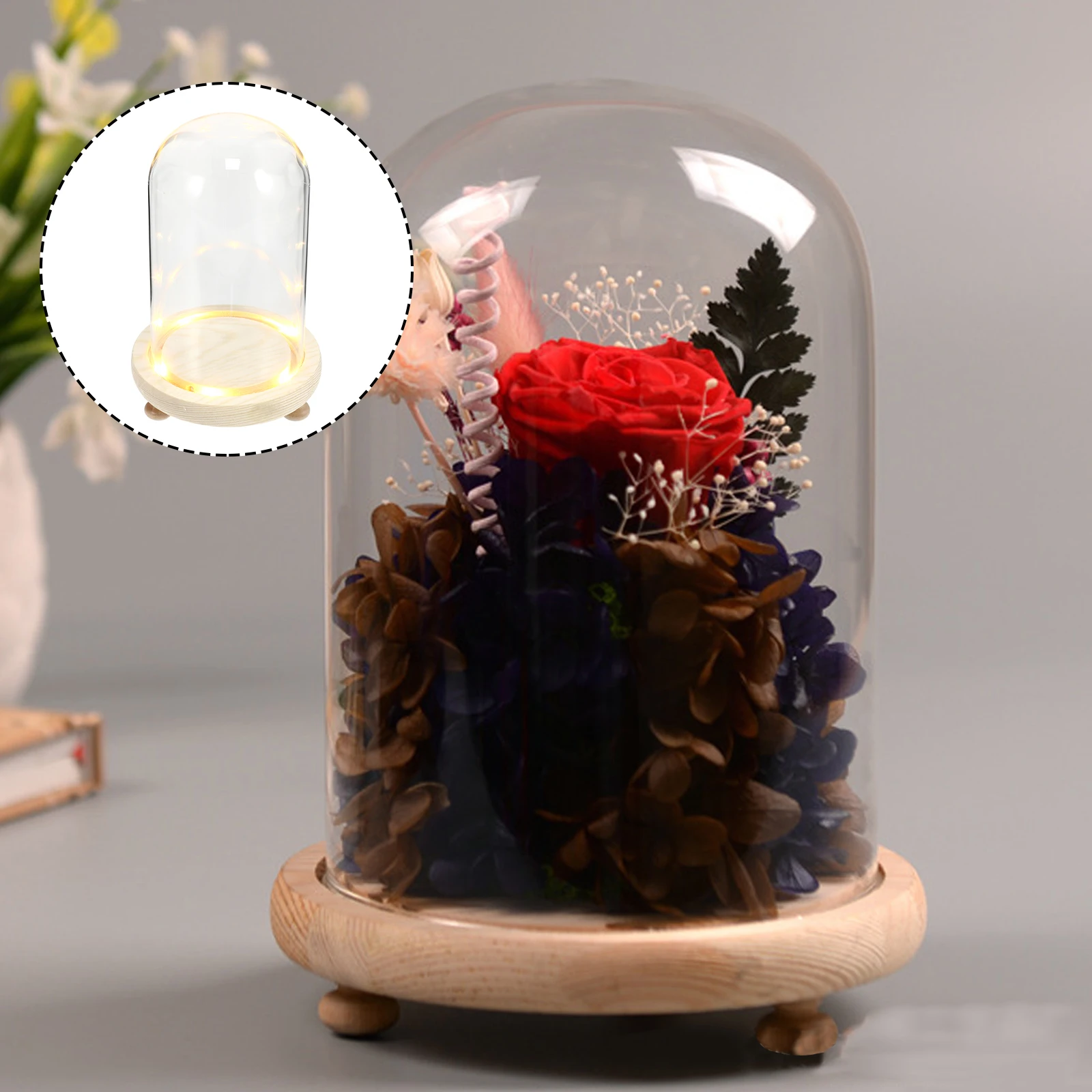 

1 set 1 Set Preserved Flower Glass Cover Creative Desktop Decor Flat Bottom Flower Adornment Home Decoration