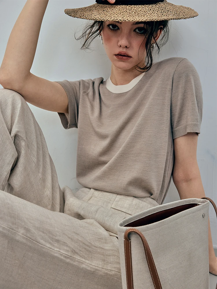 

the Vever OO Beautiful Fine Merino Wool ort Sve T-irt Women's Summer Color Blo round Ne Skin-friendly Knitted Top