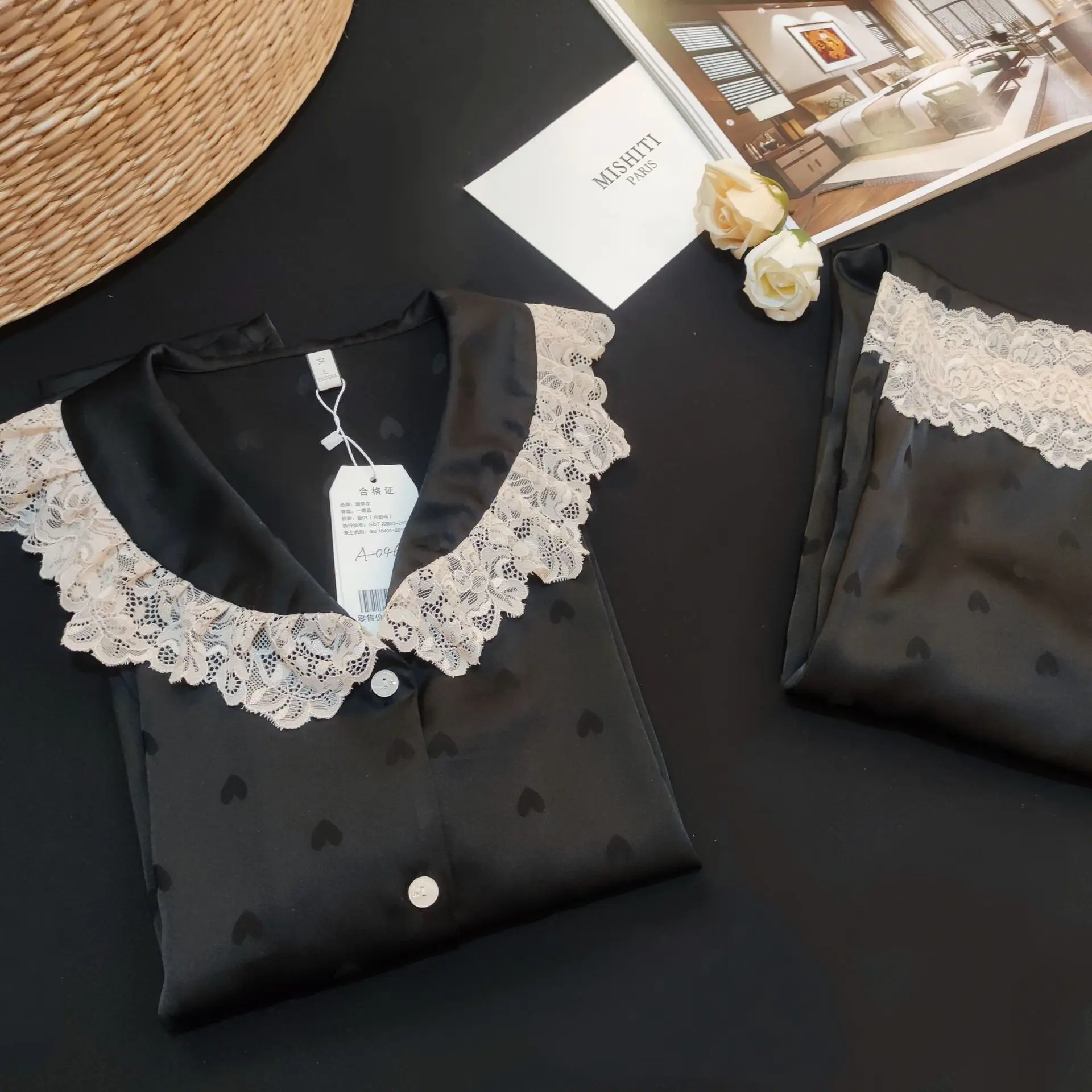 Summer New Solid Color Lace Luxury Silk Satin Long-sleeved Trousers Pajamas Set Sleepwear Home Clothes 2pcs Nightwear