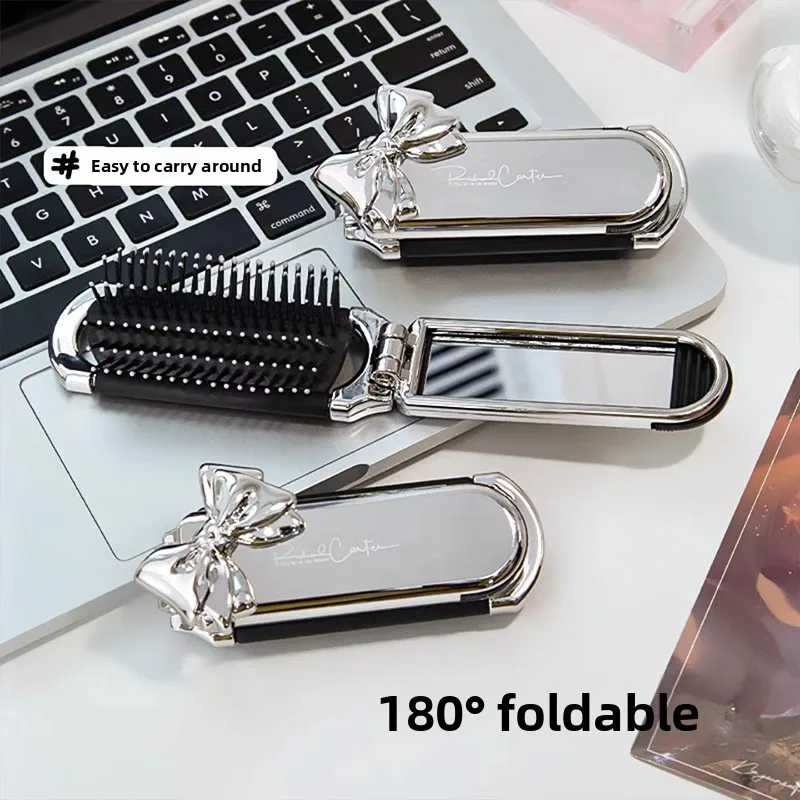 Silver Bow Foldable Hair Brush with Built in Mirror,180° Por