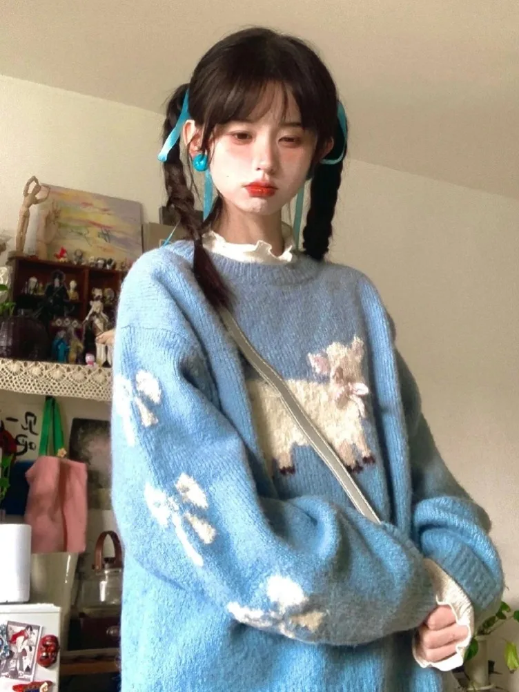 New Sweet Cute Sweaters Bow Cartoon Jacquard Contrast Color O Neck Long Sleeve Pullovers Preppy Style All Match  Women Clothing