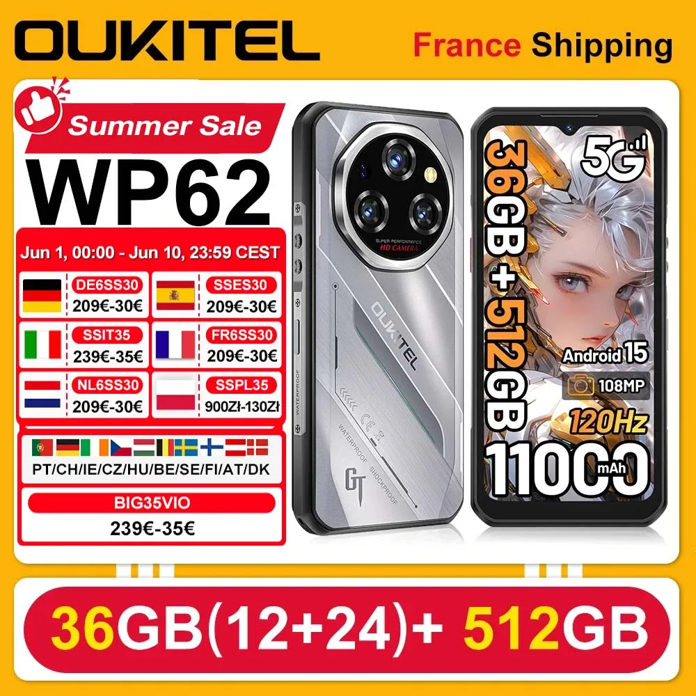OUKITEL WP62 Smartphone robuste Android 15 36GB(12 + 24) RAM 512GB ROM 11000mAh 33W 6.6 ''FHD + affichage 108MP NFC téléphone portable