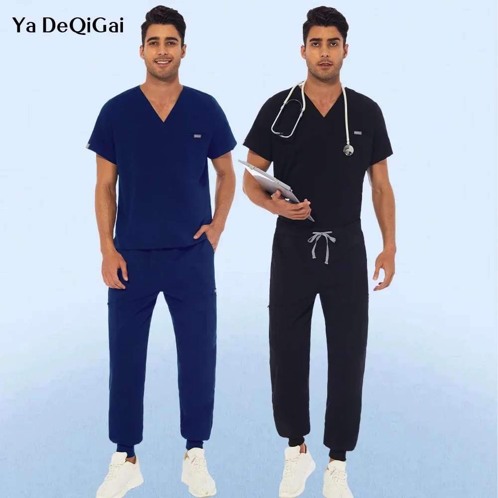 Men Pocket Nursing Uniform Nurse Short Sleeve V-neck Scrub Tops Doctor Working Clothes Medical Scrub Pants Uniforms Blouse Sets