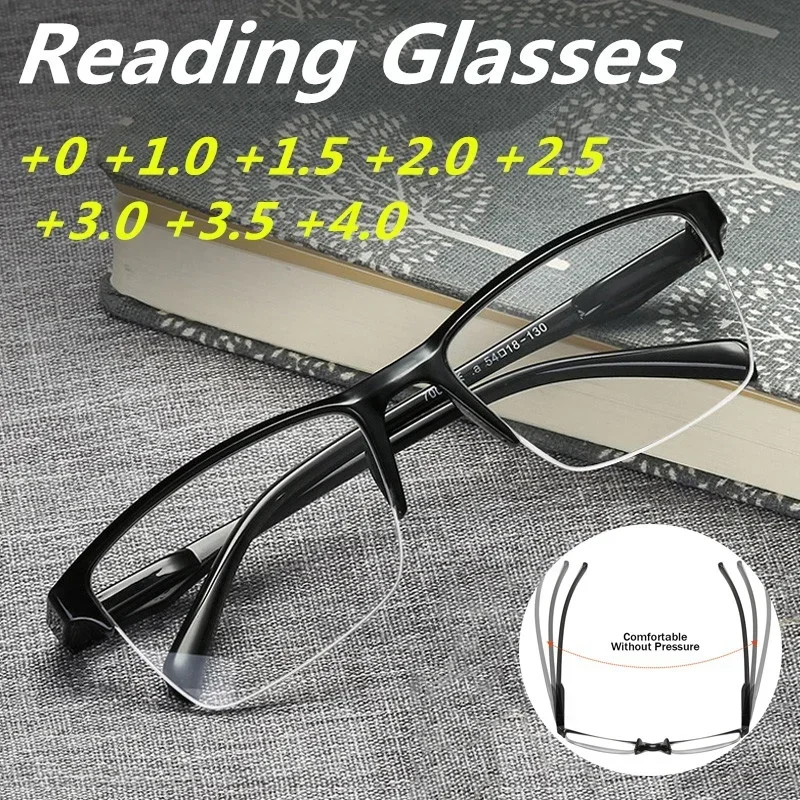 Half Frame Reading Black Glasses Presbyopic Eyeglasses Male Female Far Sight Glasses with Strength +75 To +400 Business Office