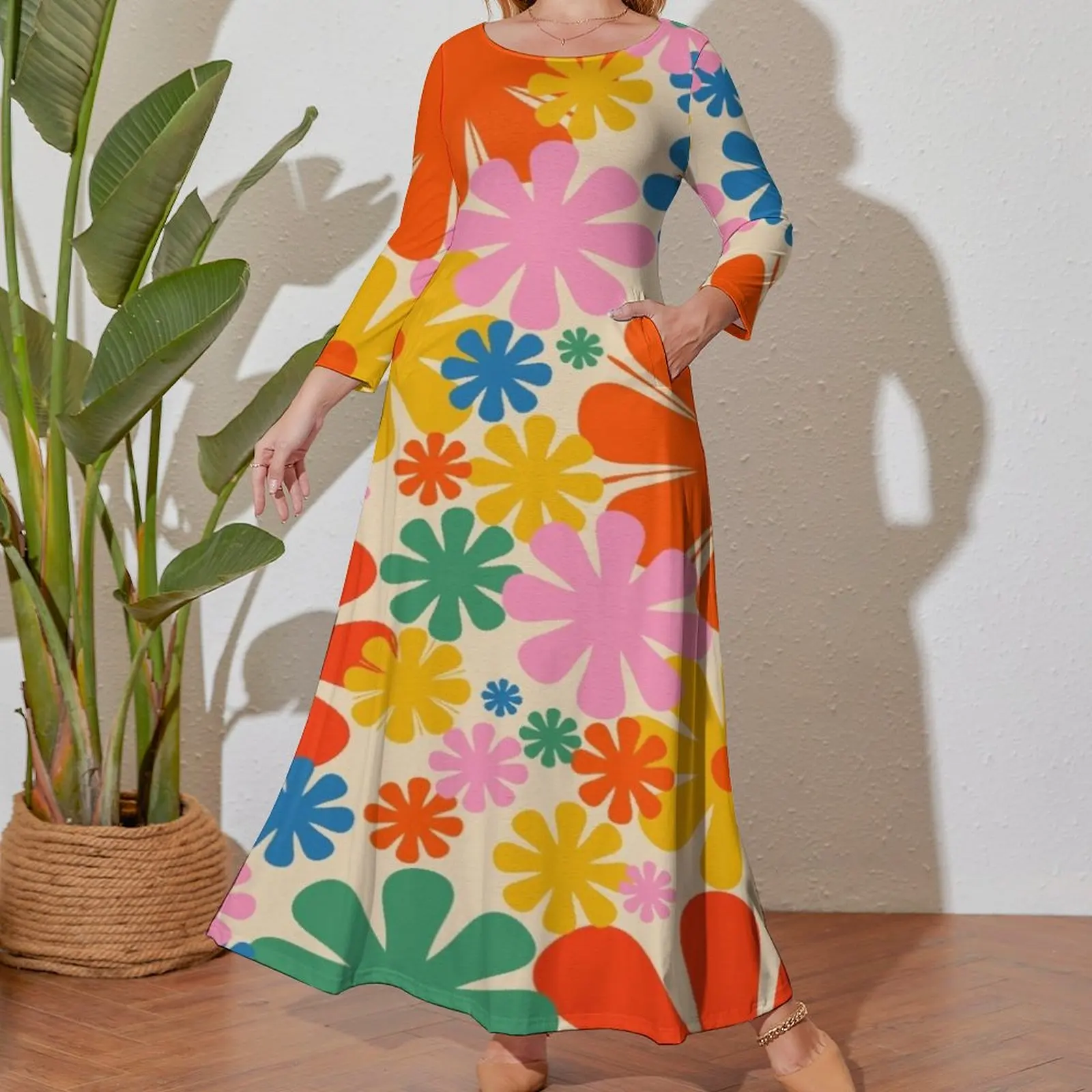 Vestido de praia retrô de manga comprida, estético padrão floral arco-íris, cores pop, saia verão, anos 60, anos 70